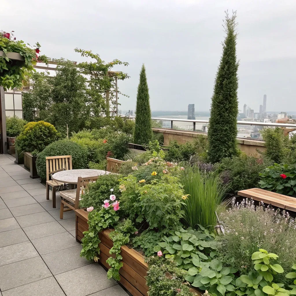 Rooftop garden with lush plants